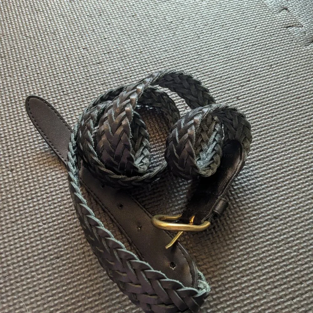 vintage black woven braided belt brass buckle 52" large XL - Picture 2 of 5